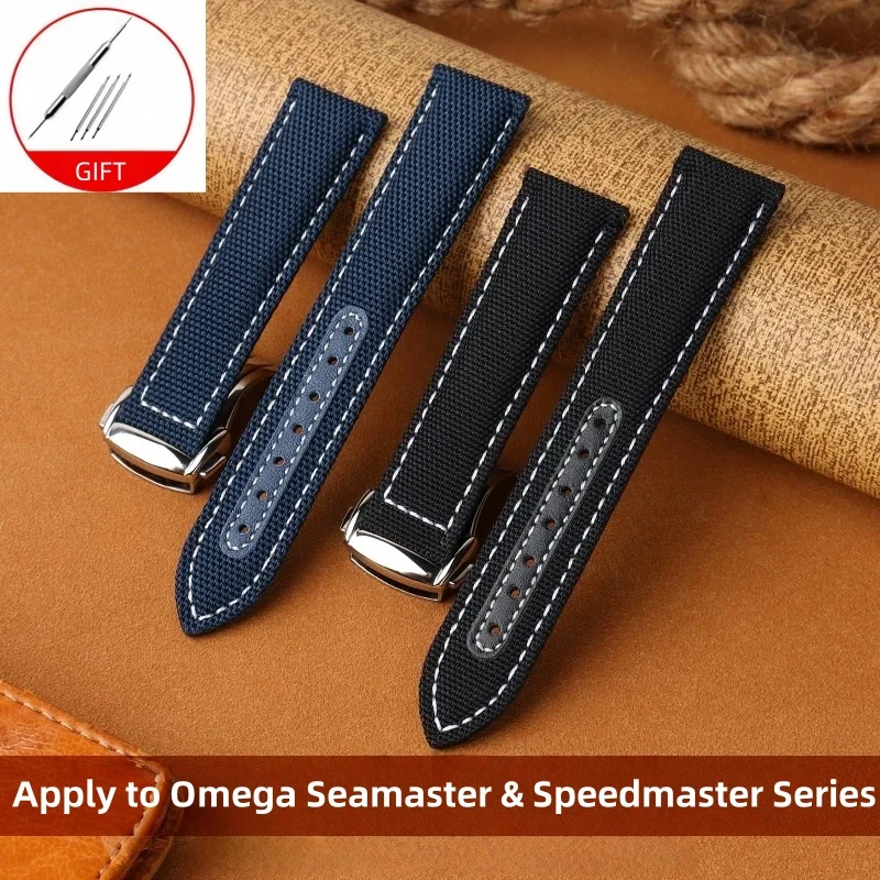 Correa de reloj de nailon y lona de 19, 20, 21 y 22mm para Omega Seamaster 300, Speedmaster AT150 y Snoopy serie 310.32.