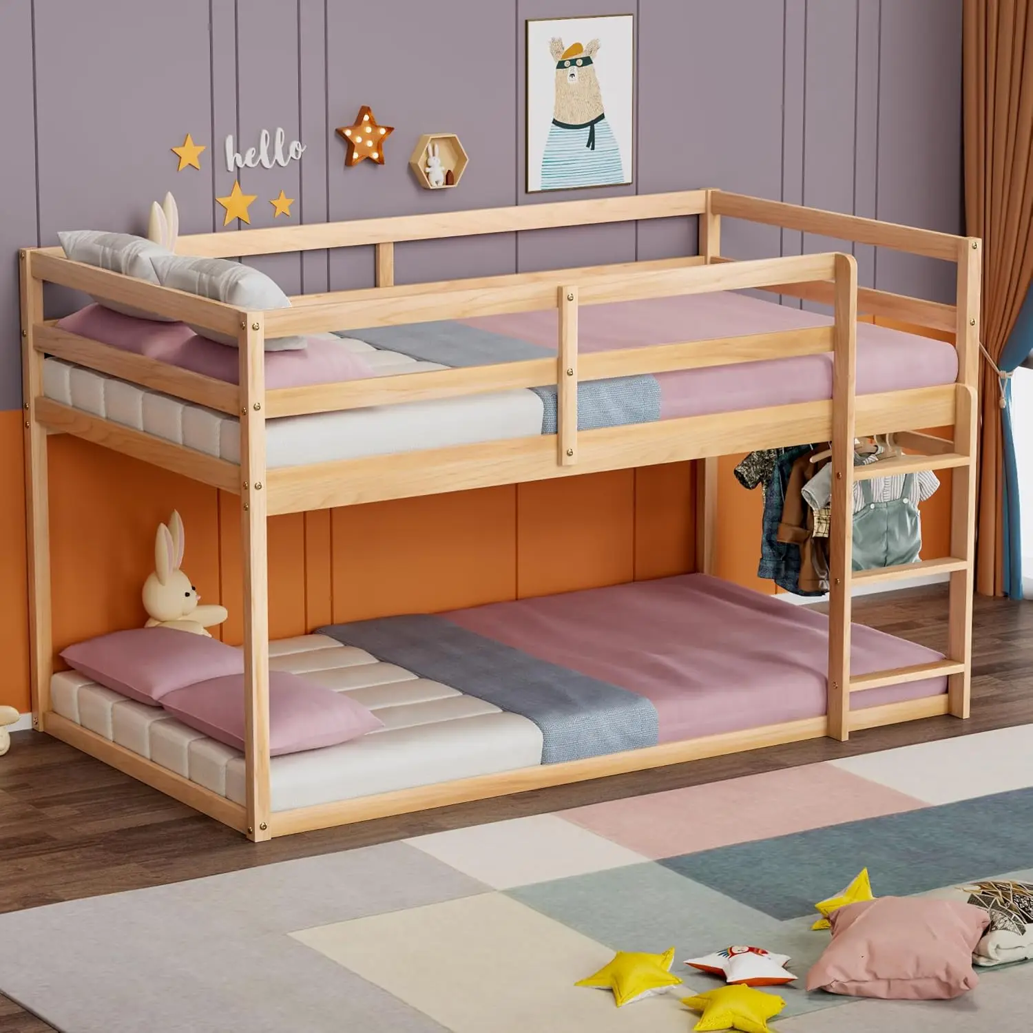 

Low Bunk Bed Twin Over Twin, Floor Bed with Ladder, Twin Bunk Bed with Full Guardrails, for Juniors, Boys, Girls, Kids, Bedrooms