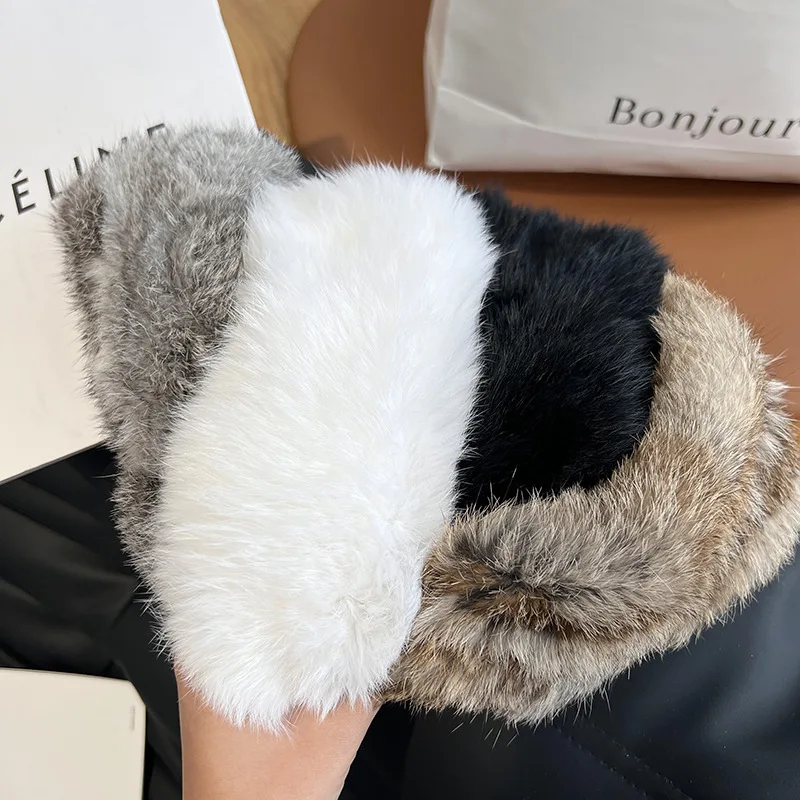 Women\'s Hand-Knitted Real Rabbit Fur Headband Knitted Fur Scarf Warm Empty Top Plush Hat Autumn and Winter Jewelry Accessories