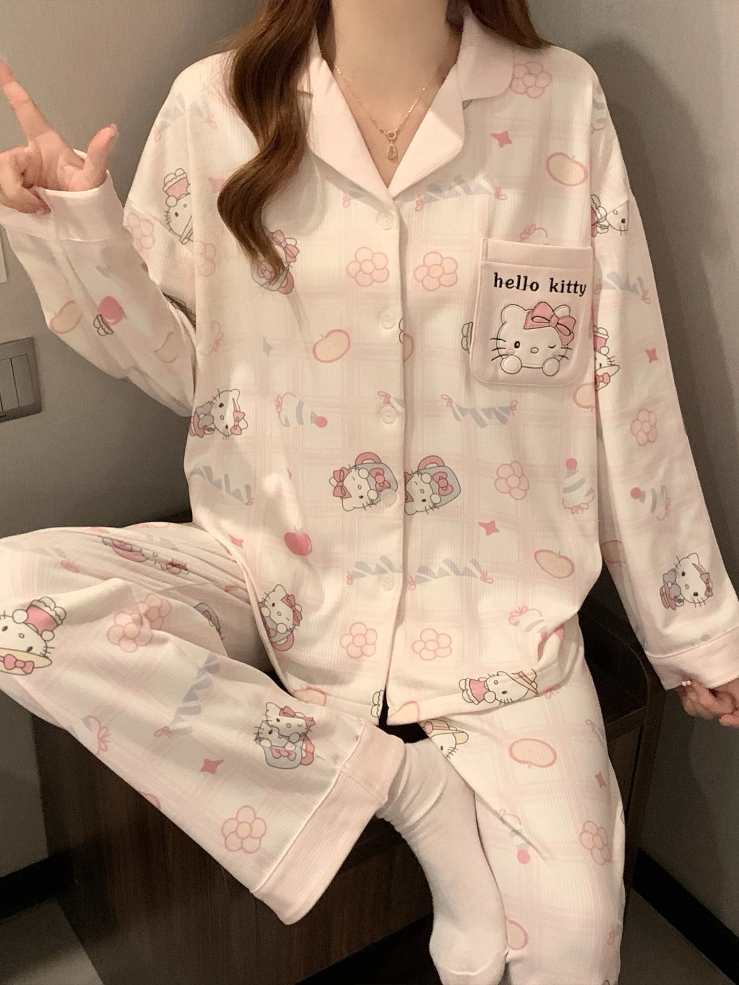 

Kawaii Nightwear for Women Hello Kitty Cinnamoroll Kirby Long Sleeved Pants Cute Autumn Winter Brushed Velvet Home Clothes Toys