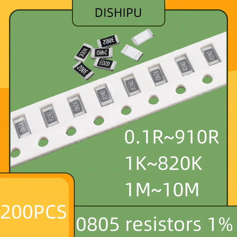 

200PCS 0805 resistors 1% 1k2k4.7k10k47k100k0R1R10R100R120R510R 750R 910R 1K 2.4K 2.61K 10K 750K 820K 1M5.6M 10M 8.2M