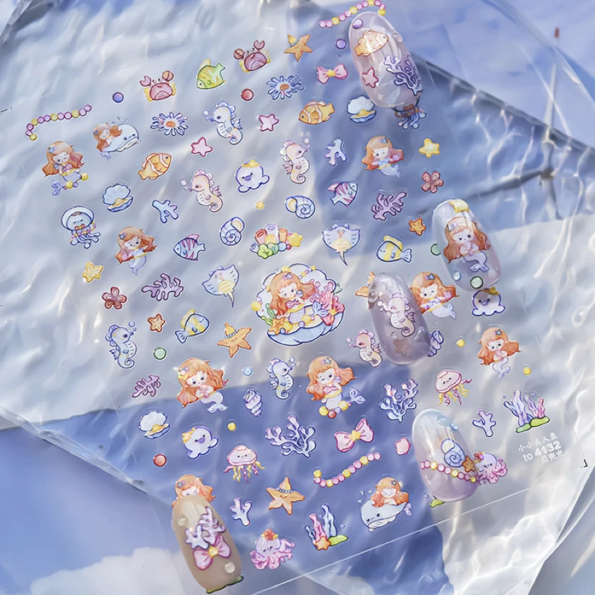 

1 Sheet Nail Stickers New Cartoon Mermaid Coral Jellyfish Ocean Tropical Nail Art Stickers for Press On Nails Fashion Design DIY