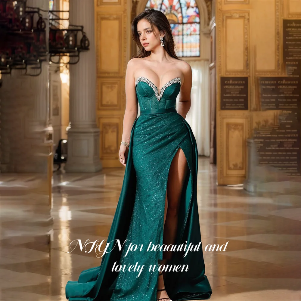 

NFYN Dark Green Mermaid Sweetheart Party Dresses Strapless Formal Gown Stain Women's Evening Dresses with High Split Customized