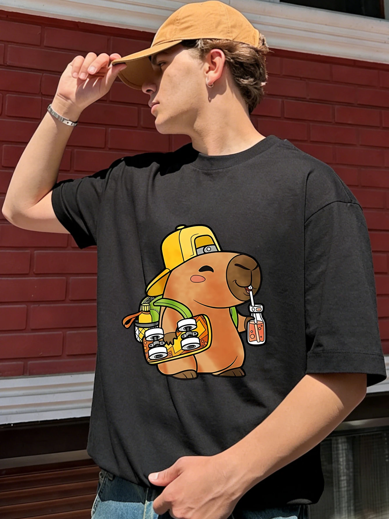 

Mens Oversized Cotton Funny Cartoon Animal Beer Backpack Printed Short Sleeve T Shirt, Outdoor Summer Casual Gift for Men