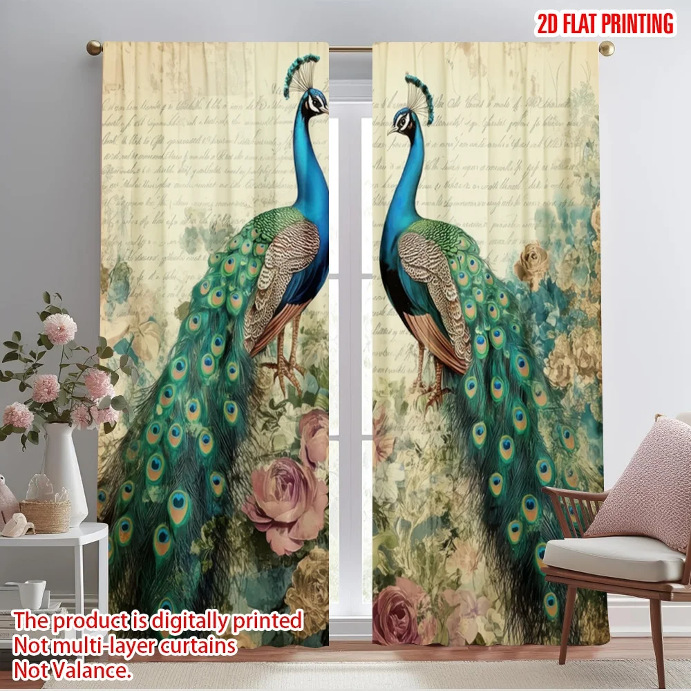 2pcs,2D plane printing Light Filtering Curtains Peacock Pair Blossom Versatile 100% Polyester (without rod) Versatile All Use