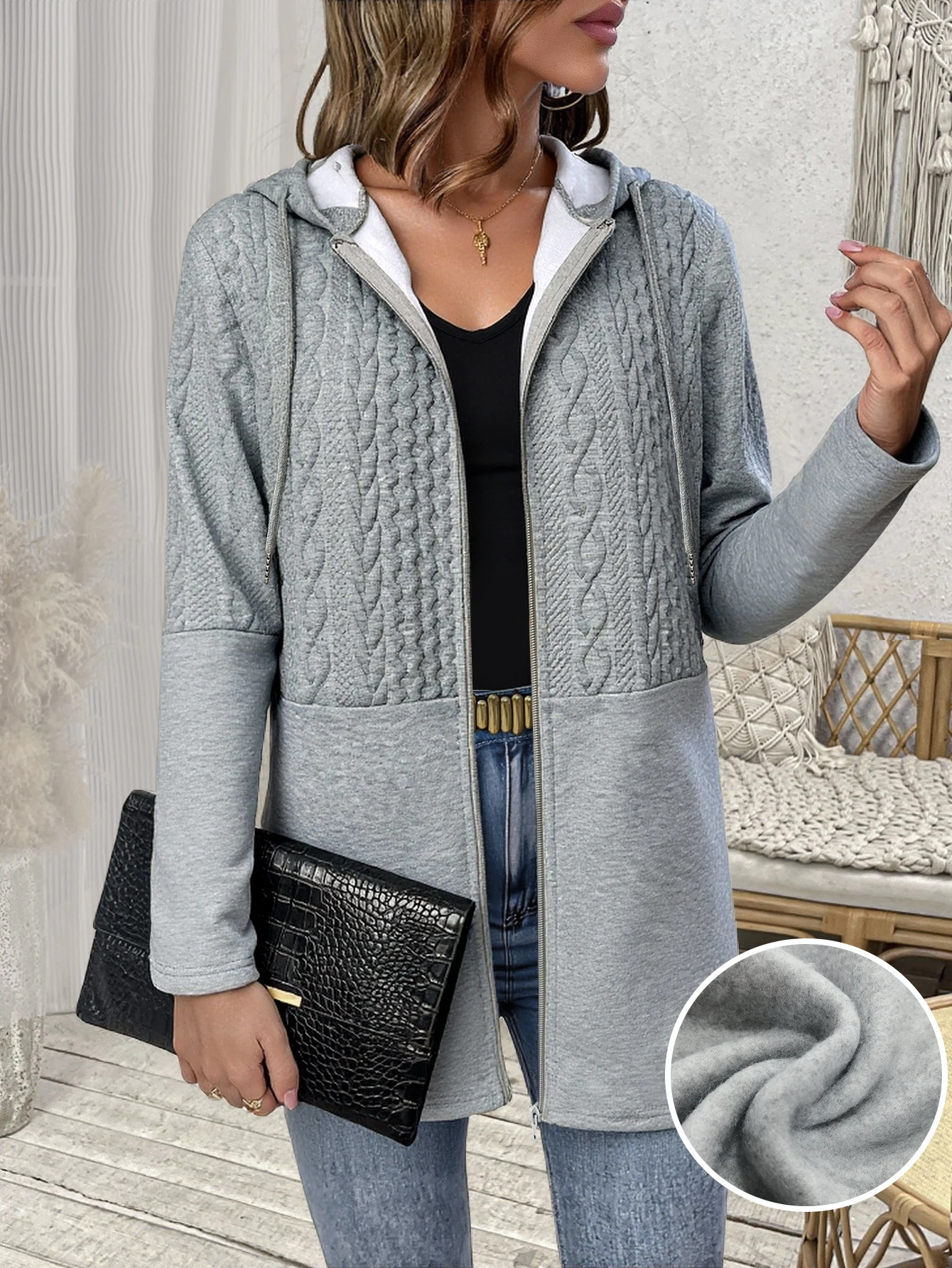 

Модный повседневный женский серый кардиган с капюшоном