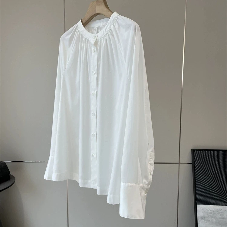 

Весенняя коллекция: Женская рубашка из высококачественного шелка с воротником, длинным рукавом, свободного кроя, не требующая глажки, в простом стиле, с небольшими складками и круглым вырезом.