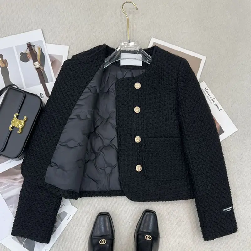 Autumn/winter Padded Inner Liner Cotton Black Small Fragrant Style Jacket for Women French Socialite Coarse Flower Short Top