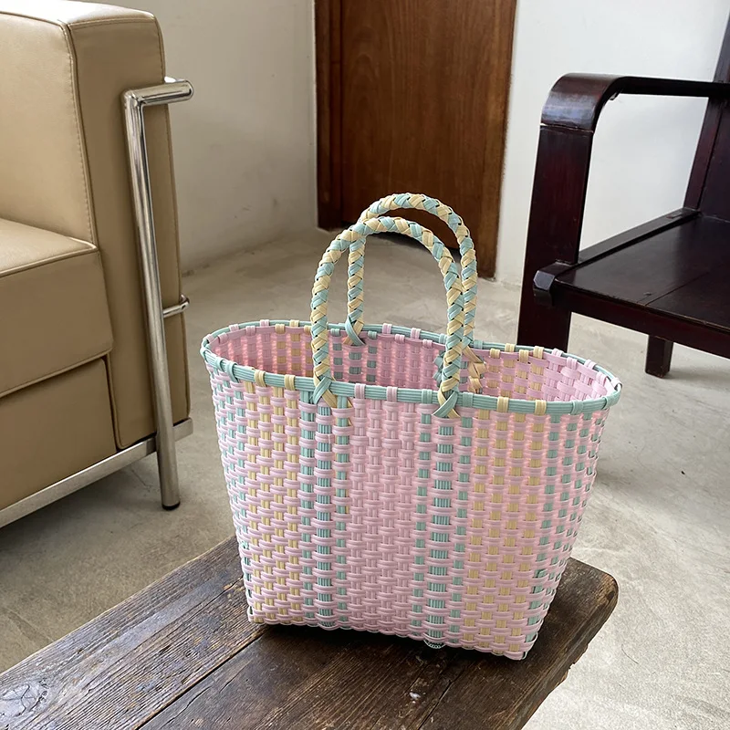 Weaving Hand Basket Colorful Handbag Fashion PVC Handle Woven Bag Patchwork Striped Tote Purses Large Capacity Picnic Beach Bags