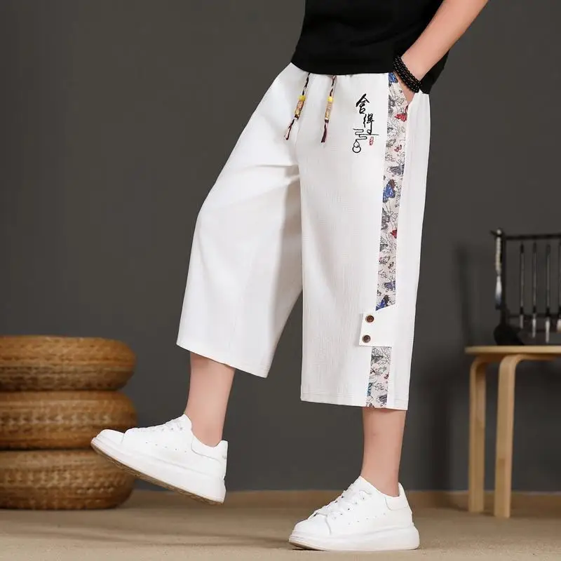 

Мужские летние тонкие брюки из ледяного шелка с охлаждающим эффектом, дышащие, свободные, повседневные, прямого кроя, укороченные (7/8)