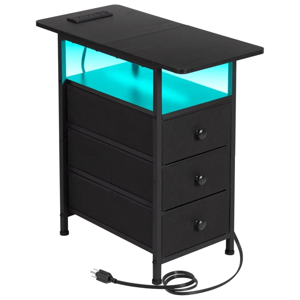 

Narrow End Table Living Room with Charging Station, Slim LED Nightstand with Fabric Drawers, Skinny Side Table for Bedroom, Sma