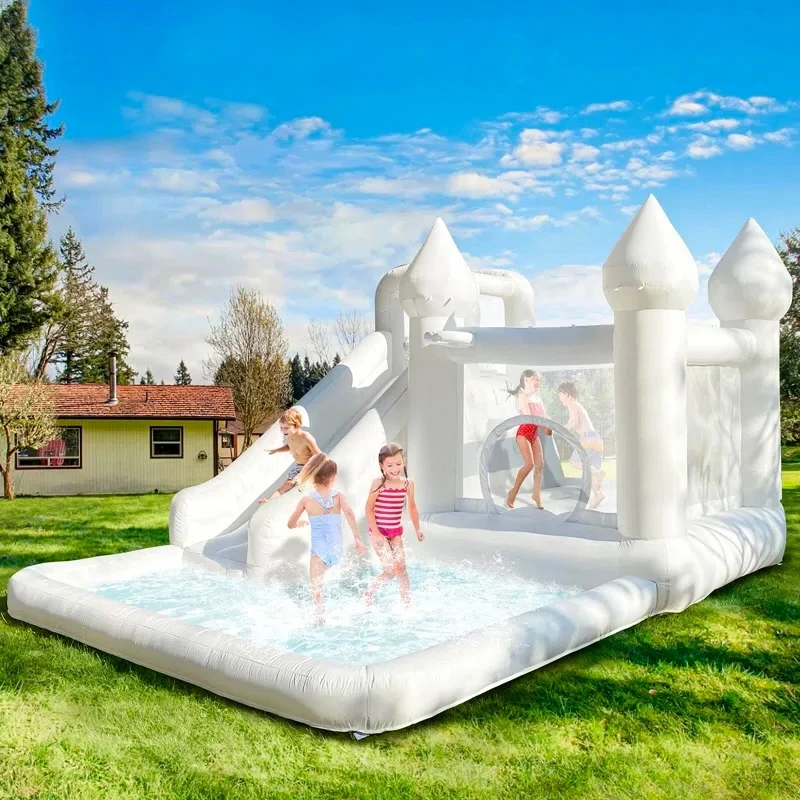 Casa de rebote de grado blanco con tobogán, tobogán de agua inflable, Castillo para saltar, piscina para niños, piscina, piscina, juego de agua de verano al aire libre