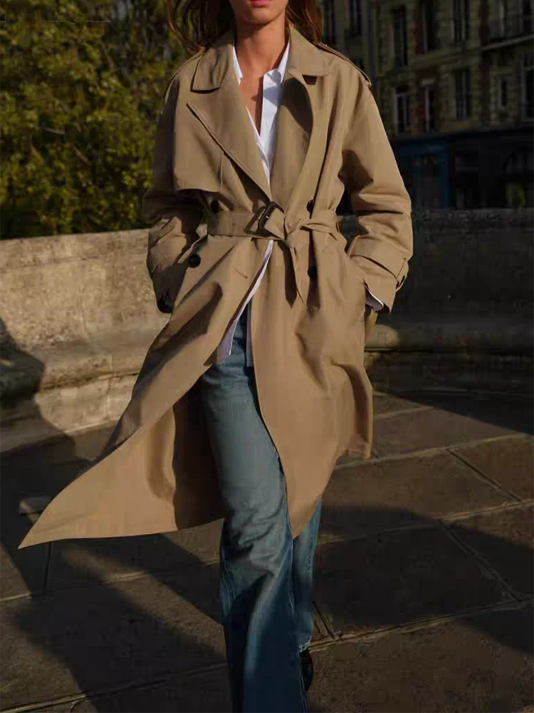 

Fall 2025 New Women's Long Double-breasted Coat with Stand Collar Slit And Belt Ele Ethnic Sle Faionable T Coat