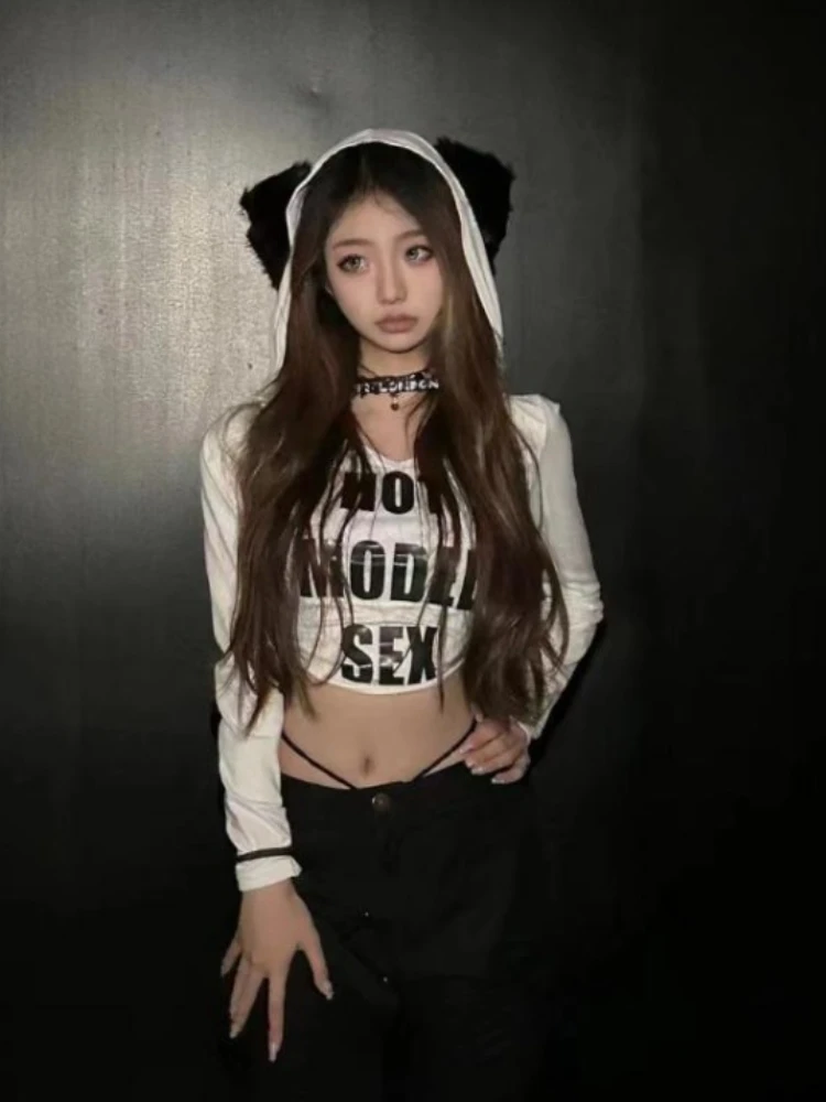 Japanese Long Sleeve Crop Top Women Kawaii Fluffy Cat Ears Hooded T-shirts Harajuku Letter Print Streetwear Sexy Y2k Tee Shirts