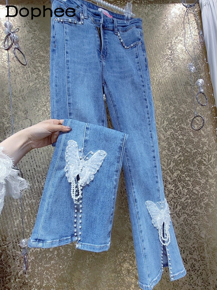 Handmade Beaded Three-Dimensional Butterfly Jeans Women 2024 Spring and Summer New Rhinestone High Waist Slit Bell-Bottom Pants