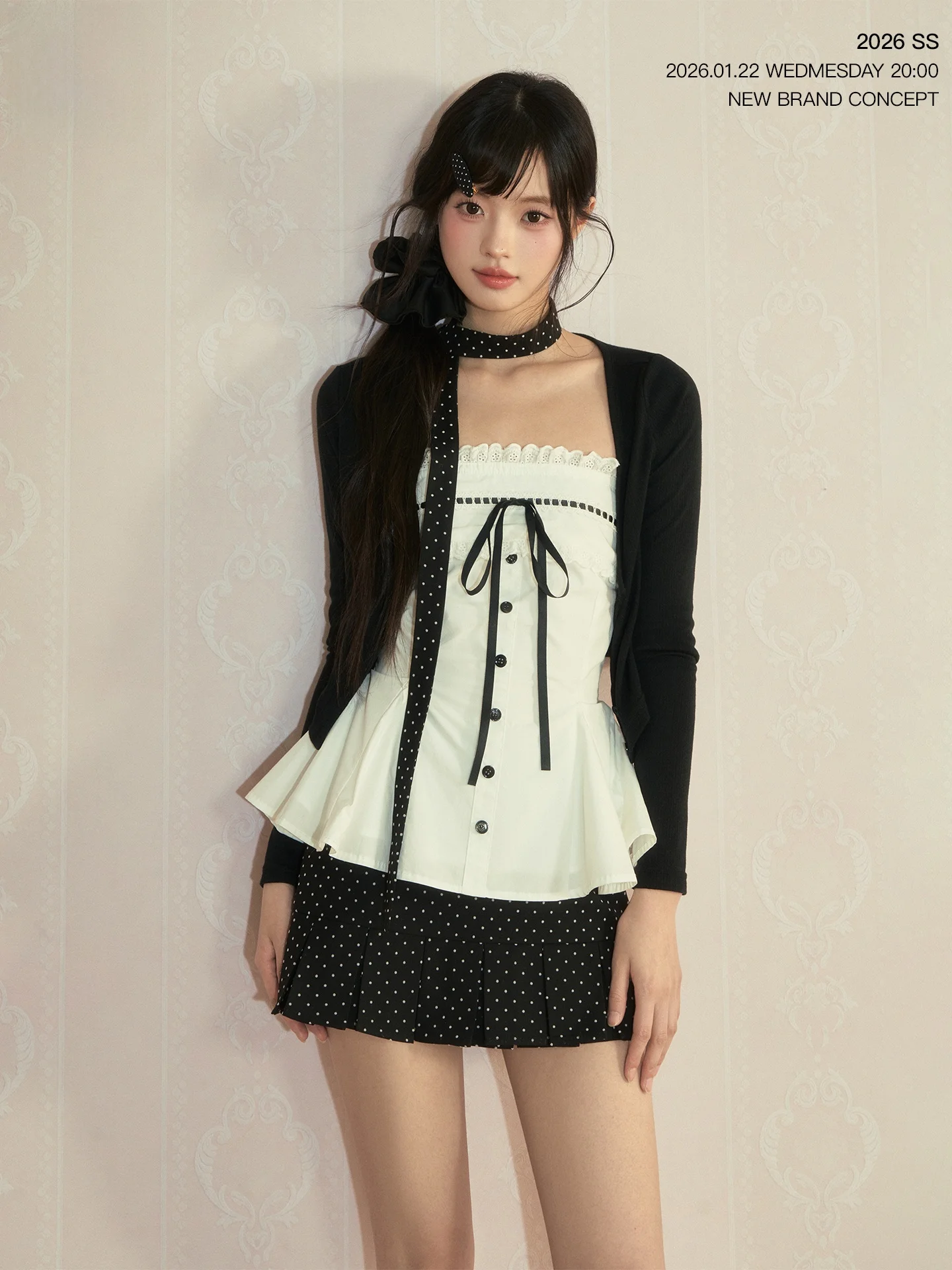 

Korean Style Women's Three-Piece Set Knitted Cardigan Coat Ruffle Knot Strap Top Polka Dot Short Skirt Ensemble