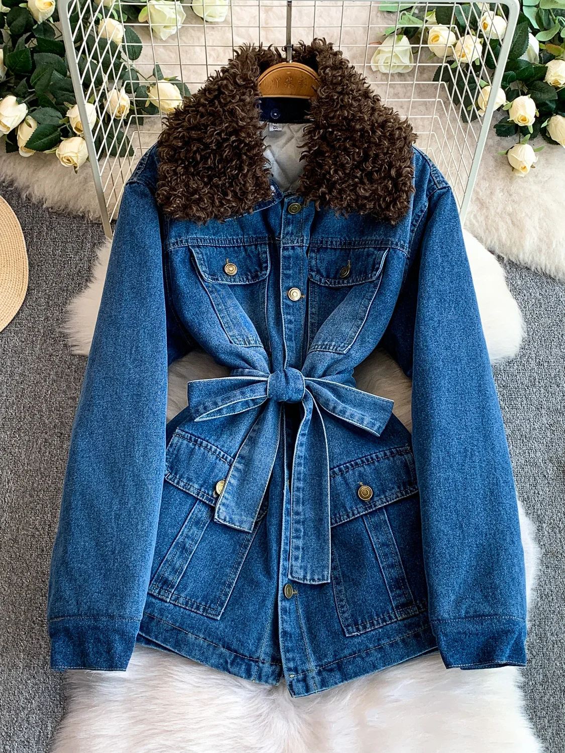 

Модный женский джинсовый тюре с мехом ягненка, зимний топ средней длины с поясом и поясом, Thiened Long Sve Busin Wear