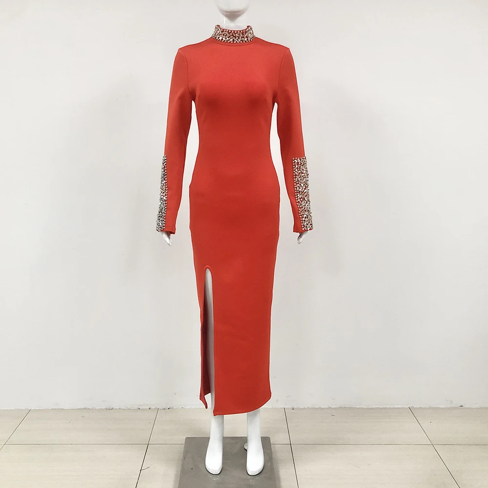 KLEEZY Women's 2024 Red Long Sleeves Diamonds Tight Sexy Split Celebrity Cocktail Party Bandage Long Dress Maxi Gowns