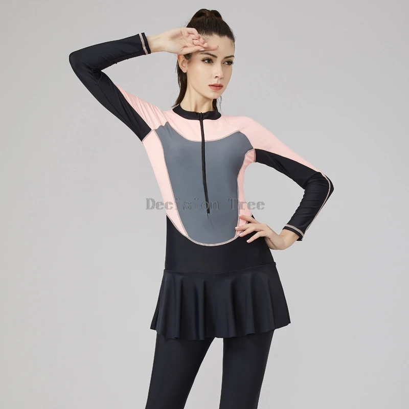2024 muslim long sleeved long pants jumpsuit swimsuit lady surfing diving garment big size sunscreen elastic breathable swimwear