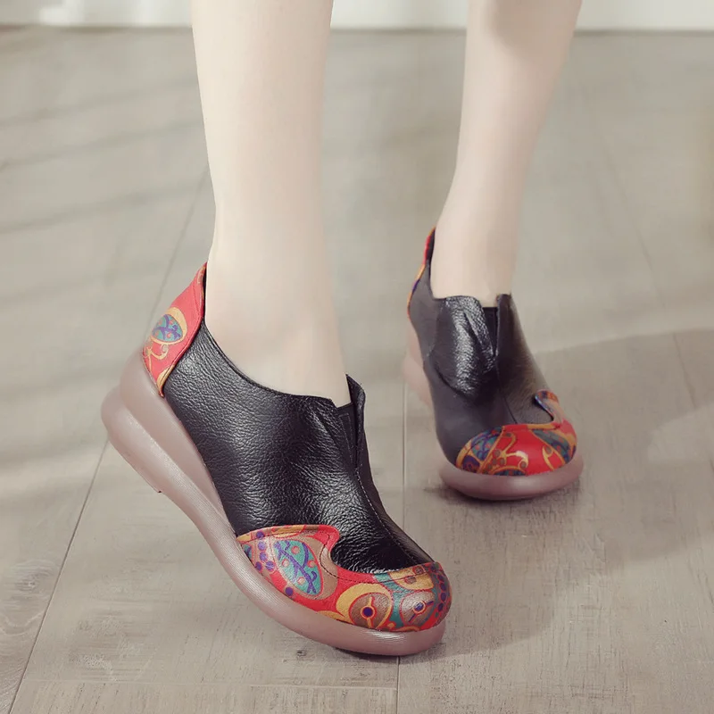 

New genuine leather wedged pumps shoes womens autumn slip on shoes elderly woman appliques V cut mid heels pumps patchwork shoes