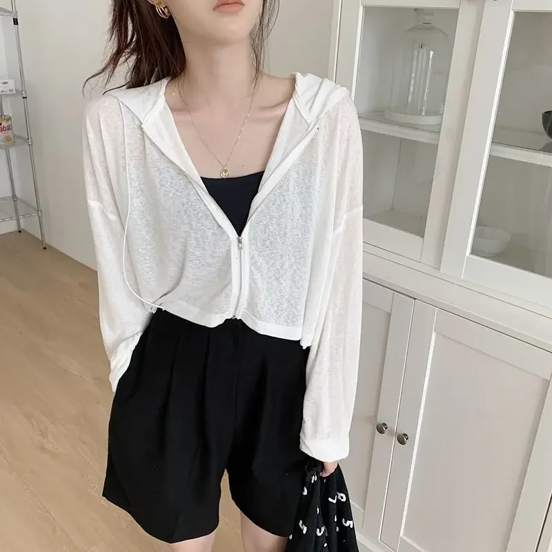 Solid Color Thin Hooded Cardigan Women 2024 Summer Zipper Up Crop Tops Woman All Match Long Sleeve Cropped Jacket Ladies