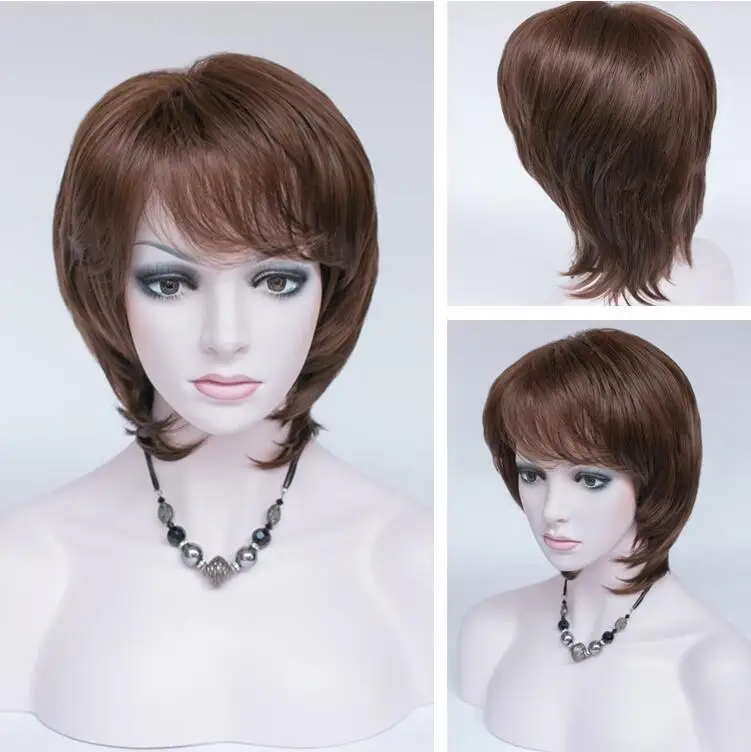 Women Wig Ladies Wig Short Straight Dark Brown Red Synthetic Hair Wigs