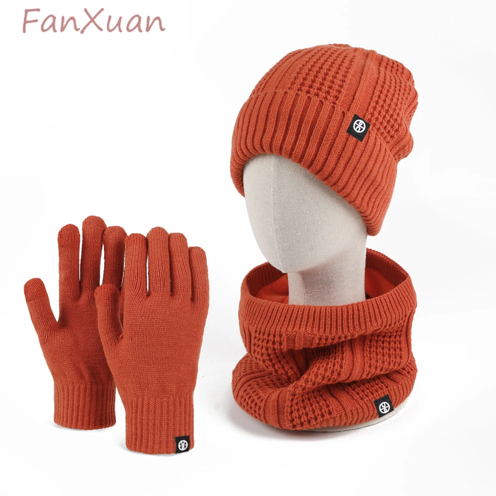 

Wool Knit Winter Hats Scarf Gloves Set for Women Simple Cute Slid Color Thick Warm Plush Beanies Bonnets Snood Set Female