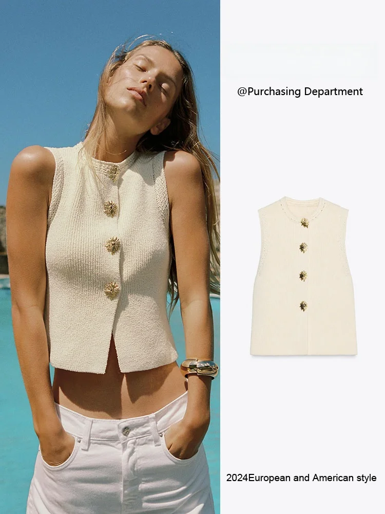 

New Summer Women's Knitted Svel round Ne Vest Sle Top Versatile Simple Design Faionable Ethnic Stage Clothing