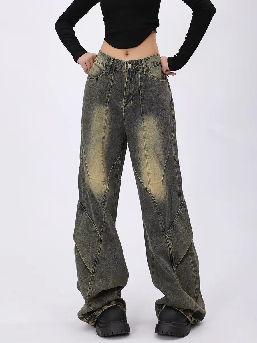 Vintage Women Jeans Loose Fit Casual Versatile Wide Leg Straight Pants high street patchwork drape feeling micro flared pants