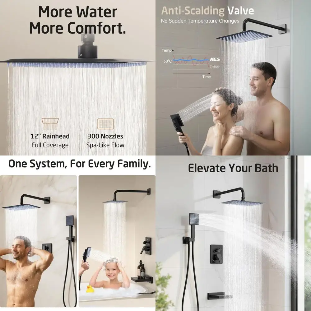 

12 RecRain Shower Set with 3-Function Handheld Spray, Waterfall Tub Spout, Anti-Scald, Black Finish