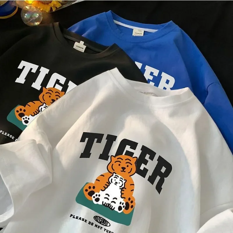 

Pure Cotton Tiger Printed T-shirt with Short Sleeves Men and Women Summer Loose and Versatile Couple Half Sleeved Oversized Top