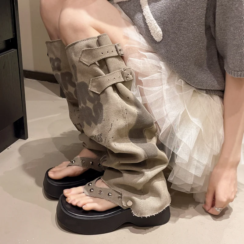 

Fashion 2025 Stacked Platform Slides Women High Top Flip Flops with Buckle & Graffiti Unique Crinkle Design Canvas Shoes