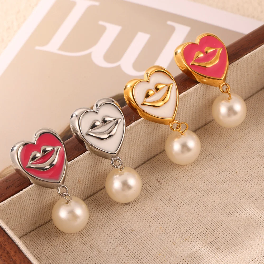 Trendy Heart Pendant Necklaces Imitation Pearl Drop Earrings For Women Stainless Steel Women Wedding Enamel Jewelry Sets Gifts