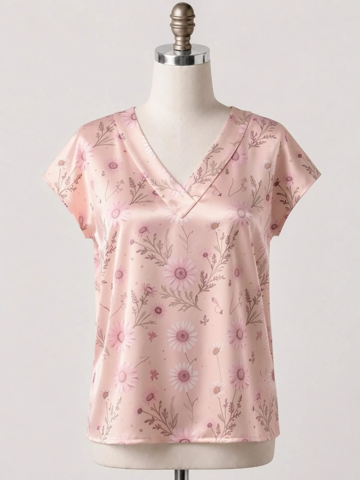 Floral Satin V Neck Top for Women Cap Sleeve Pullover Draped Fit Silky Casual Brunch Weekend Wear Lightweight Breathable Stylish