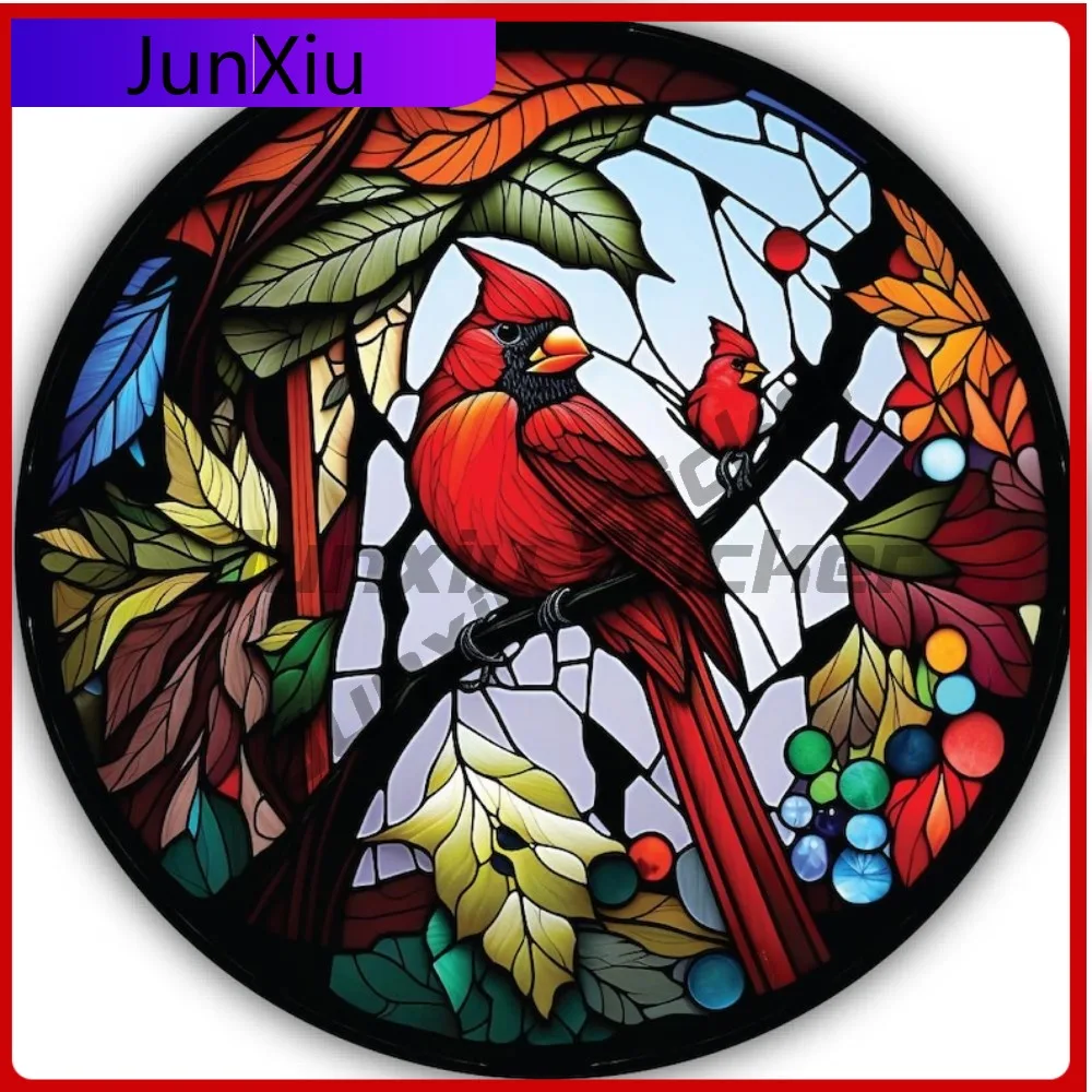 

Colorful Stained Glass Art Cardinal Round Shaped Vinyl Animal Sticker Suv Window Screen Camping Sticker Car Laptop Rv Camper Pvc