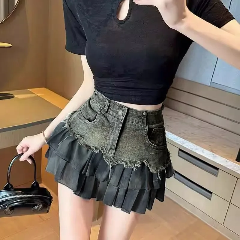 

Hotsweet American Patchwork Denim Skirts Female Clothing Retro Pleated Spring Summer High Waist A-Line Rough Selvage Mini Skirts