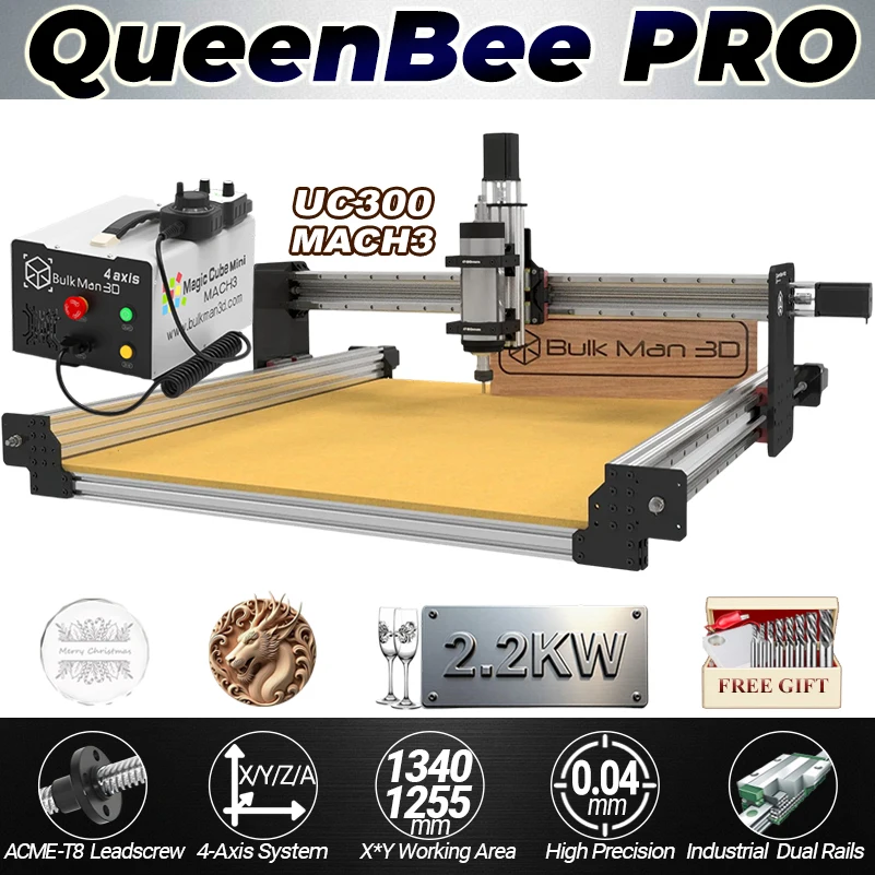 BulkMan3D QueenBee PRO 4-Axis CNC Router Machine with UC300 Mach3 Control 2.2KW Spindle Aluminum Frame High-Precision Engraver