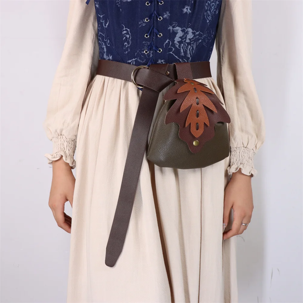 UYEE Medieval Belt Elf Leaf Waist Bag Renaissance Belt Cosplay Copper Coin Waist Bag  Skirt Buckle Prop Leather Belt Halloween