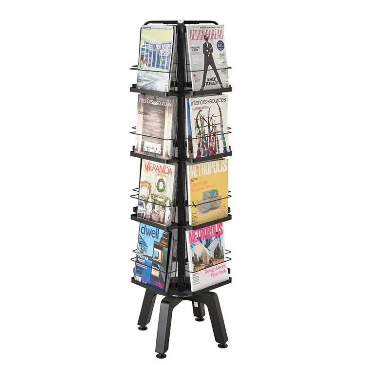 Custom Floor Standing Metal Rack Rotating Magazine Display Stand , 4 Sided 16 Full Front Pockets , Black Powder Coating