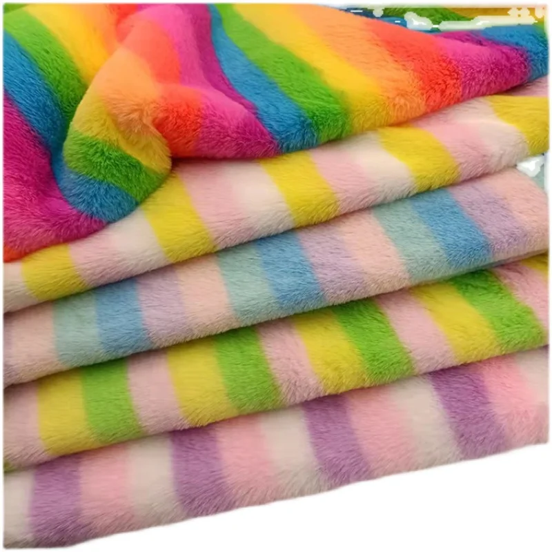 Fur Fabric By The Meter for Coats Clothes Diy Sewing Plush Soft Imitation Otter Rabbit Rainbow Stripe Decorative Cloth Thickened