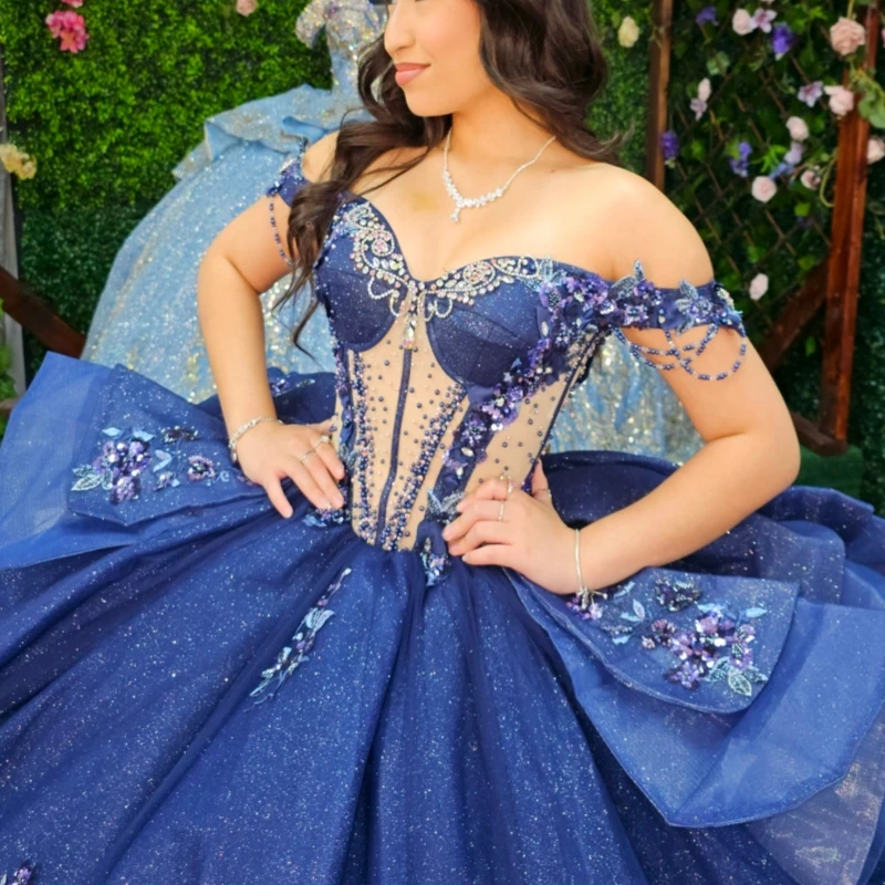 Navy Blue Shiny Quinceanera Dresses Off The Shoulder Applique Lace Beading Crystal Tull Party Birthday Sweet 16 Dress Vestidos