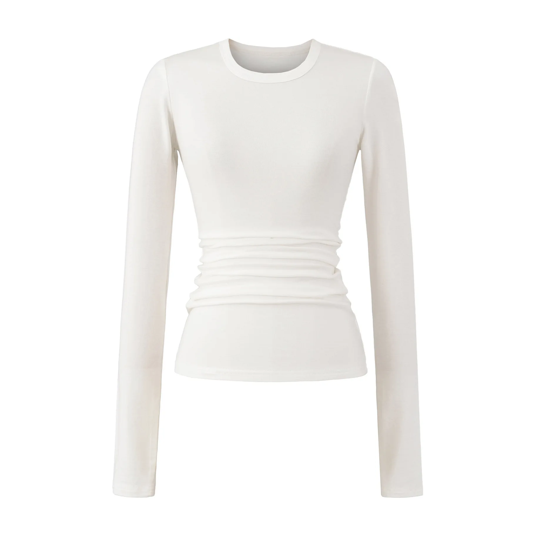 2025 automne hiver Style doux petit col rond Style couleur unie à manches longues taille haute élastique Base serrée T-Shirt haut 06NC