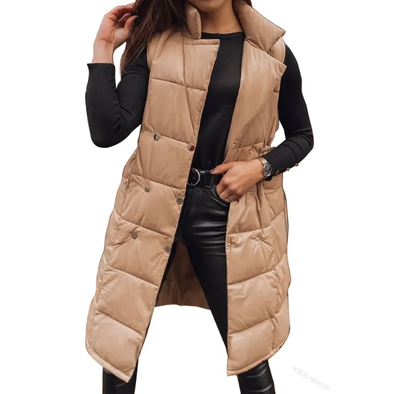 

Wepbel Solid Color Vests Parkas Women Stand Collar Single-Breasted Cotton-Padded Vest Outwear Lace-up Pocket Jacket Coats Vests