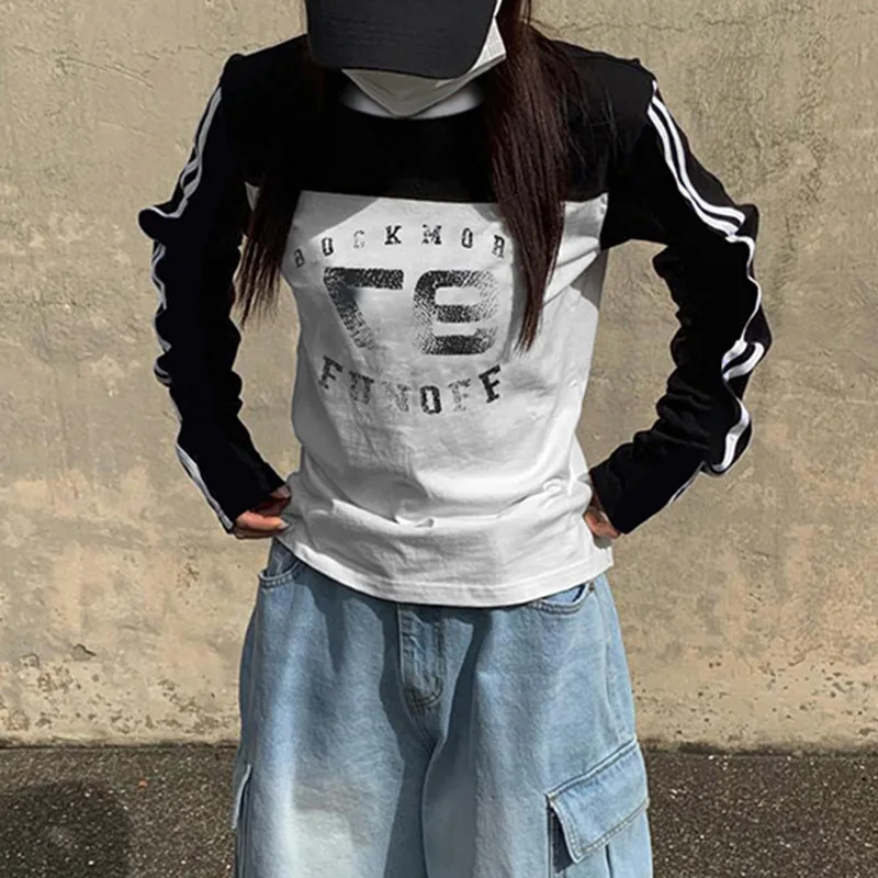 

2025 new Y2K girls' striped long sleeved top, thin top, covered cut, loose, versatile, hip-hop, aging, letter blocking, spicy pe