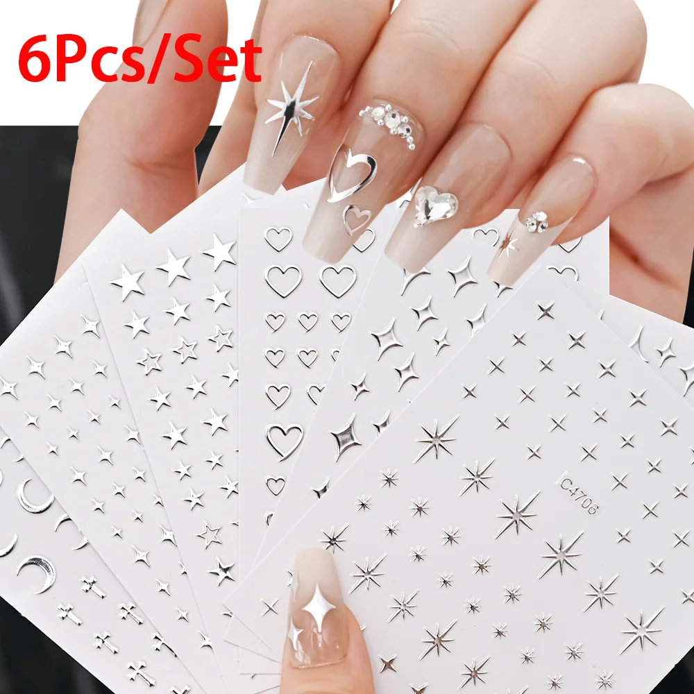 6Pcs/Set Metal Silver Star/Heart/Moon 3D Nail Art Stickers 8*10cm Hollow Love/Cross Self-Adhesive Slider Luxury Manicure Decals