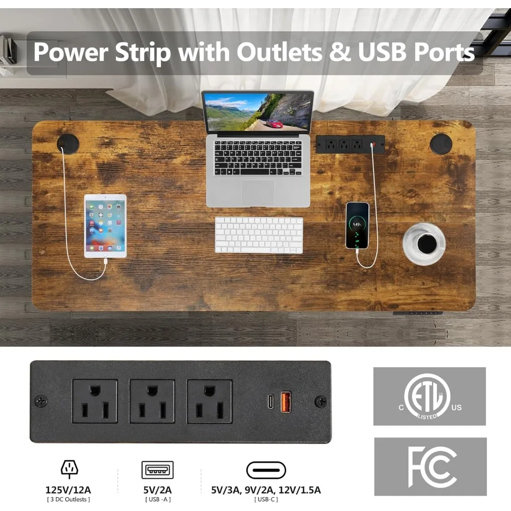 مكتب قائم كهربائي 63 × 24 مع منافذ، مكتب دوار مع لوحة ماوس كبيرة الحجم، 2 منفذ USB و3 منافذ طاقة، Adj مريح