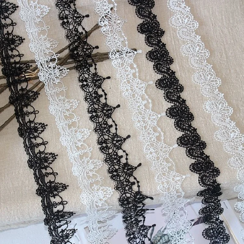 Polyester Lace Fabric with Floral Embroidered, Fringe Ribbons, Collar Trim, Curtains Dress, Guipure, DIY Sewing Decor, Black Whi