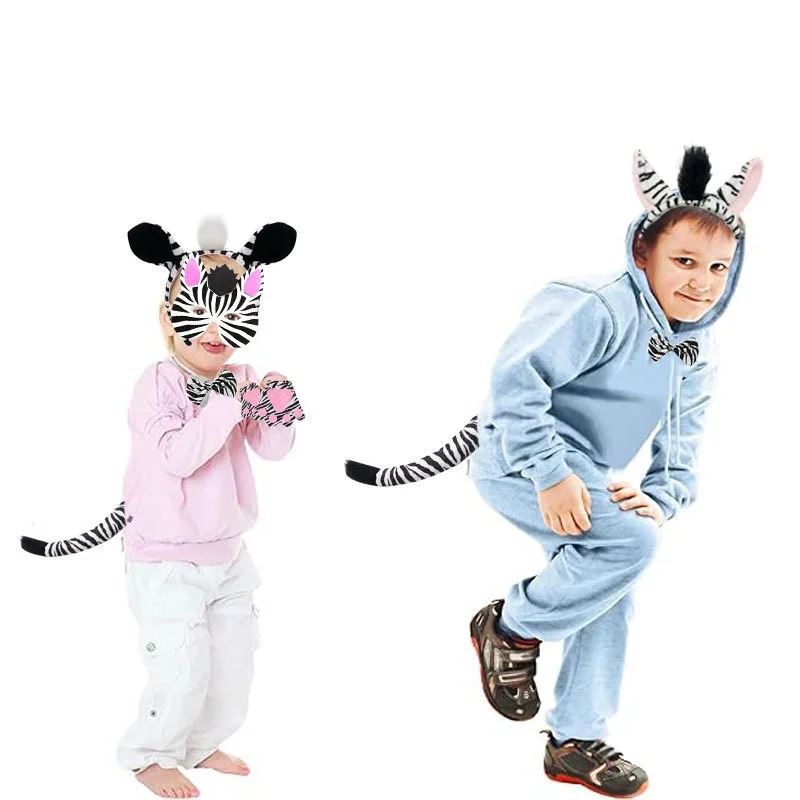 Zebra Costume Set Headband Tail Bow Tie Masks Costume Accessories for Adults Children Halloween Party Cosplay