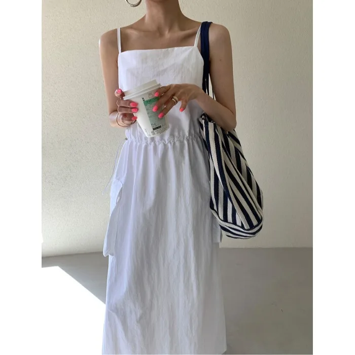 Retro Drawstring Waist Slimming Dress with Large Pockets Ladylike Style Spring Casual Mid-Length Skirt for Young Women