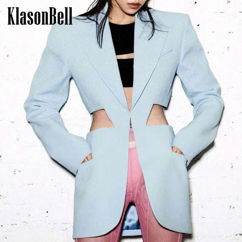 8.2 KlasonBell Women Fashion Personality Sheer Mesh Spliced Exposed Waist Blazer Lapel Collar Hook Buckle Collect Waist Jacket